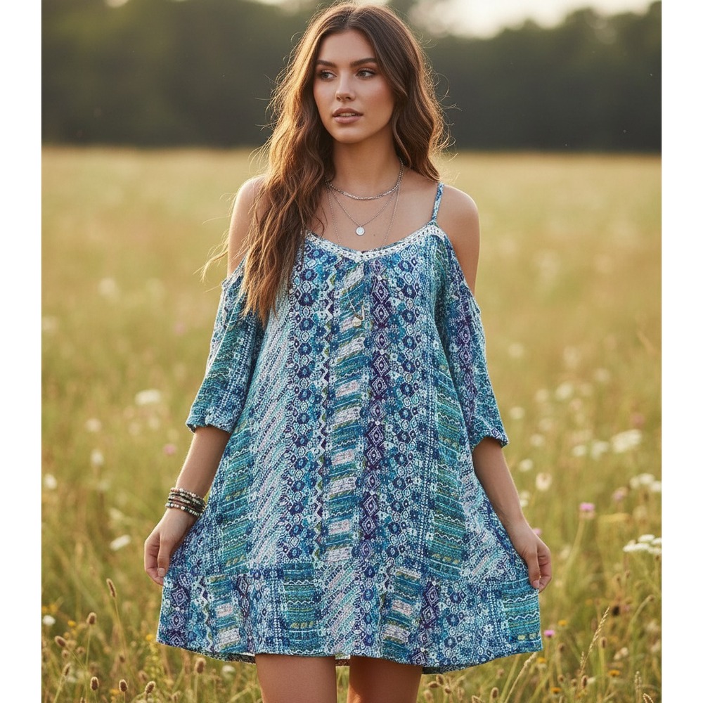 Love By Design S Mini Dress Blue Cold Shoulder Lace Boho‎ Coastal Beachy Resort